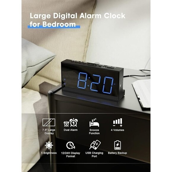 Digital Alarm Clock with USB Charger, Loud Large Display for Heavy Sleepers NEW - Picture 4 of 12